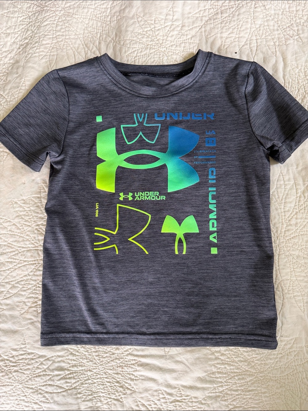 Under Armour Dark Gray Tee with Green and Blue Logo